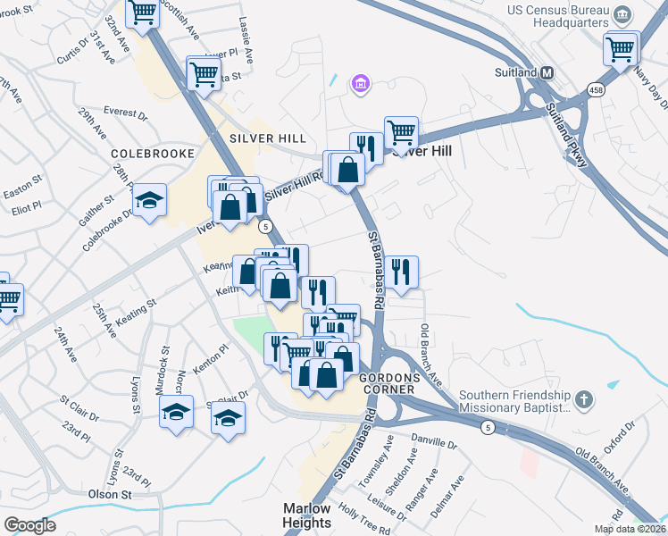 map of restaurants, bars, coffee shops, grocery stores, and more near 3827 Saint Barnabas Road in Hillcrest Heights