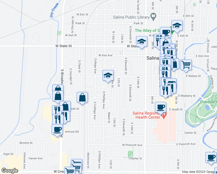 map of restaurants, bars, coffee shops, grocery stores, and more near 711 Cedar Street in Salina