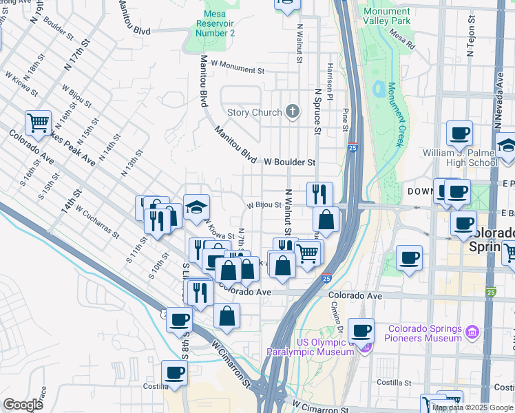 map of restaurants, bars, coffee shops, grocery stores, and more near 3150 North Chestnut Street in Colorado Springs