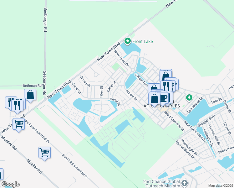 map of restaurants, bars, coffee shops, grocery stores, and more near 3524 Canal Street in Saint Charles