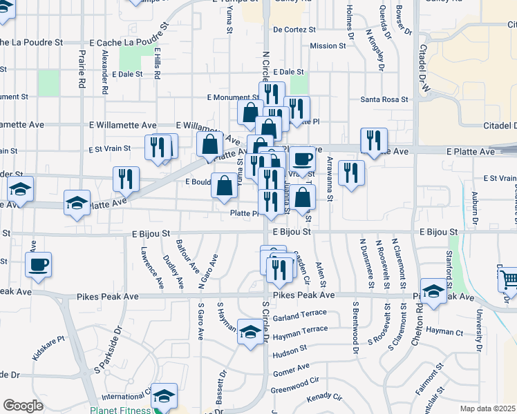 map of restaurants, bars, coffee shops, grocery stores, and more near 232 North Circle Drive in Colorado Springs
