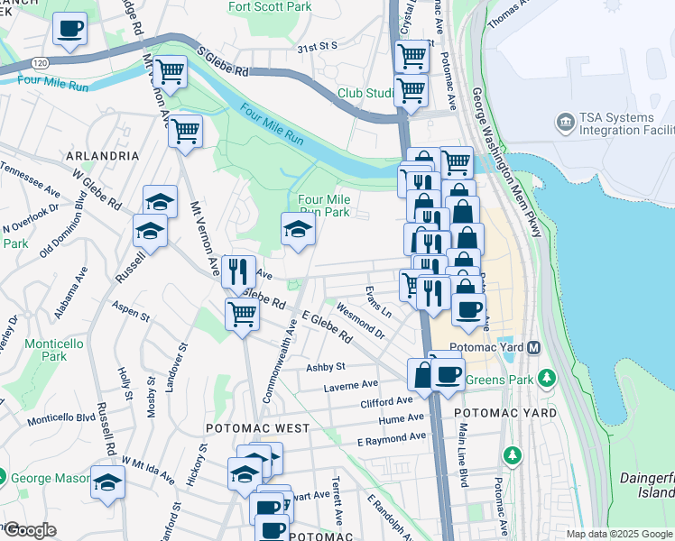 map of restaurants, bars, coffee shops, grocery stores, and more near 28 East Reed Avenue in Alexandria
