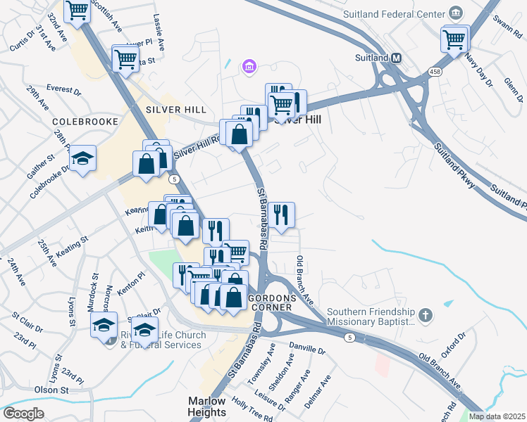 map of restaurants, bars, coffee shops, grocery stores, and more near 3849 Saint Barnabas Road in Hillcrest Heights