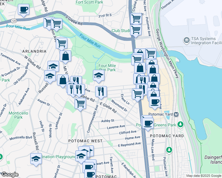 map of restaurants, bars, coffee shops, grocery stores, and more near 26 East Reed Avenue in Alexandria