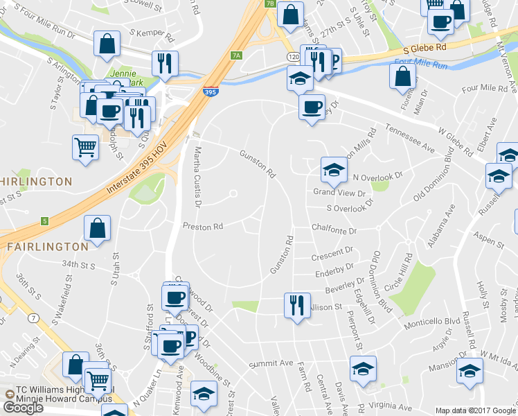 map of restaurants, bars, coffee shops, grocery stores, and more near 1621 Preston Road in Alexandria
