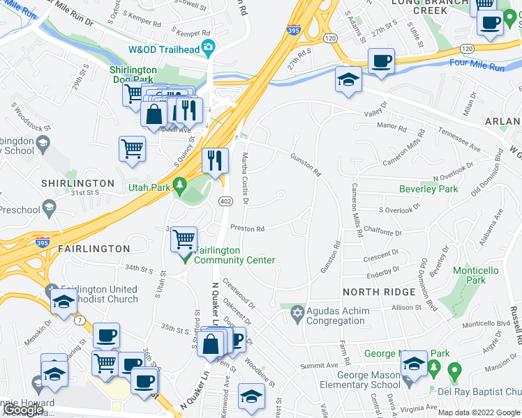 map of restaurants, bars, coffee shops, grocery stores, and more near 1628 Mount Eagle Place in Alexandria