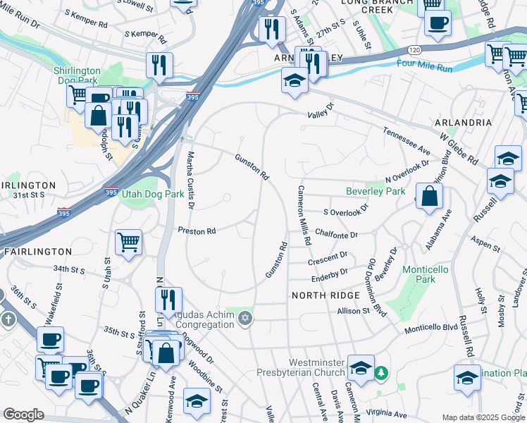 map of restaurants, bars, coffee shops, grocery stores, and more near 3427 Valley Drive in Alexandria