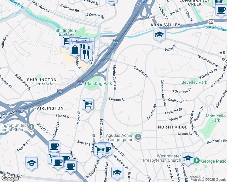 map of restaurants, bars, coffee shops, grocery stores, and more near 3438 Martha Custis Drive in Alexandria