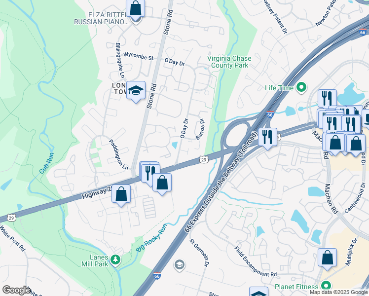 map of restaurants, bars, coffee shops, grocery stores, and more near 14604 Illuminati Way in Centreville