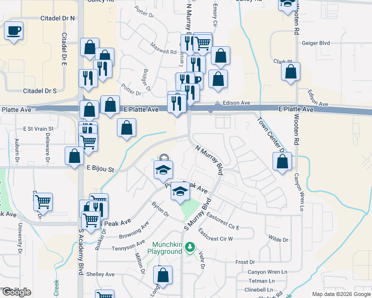 map of restaurants, bars, coffee shops, grocery stores, and more near 350 North Murray Boulevard in Colorado Springs