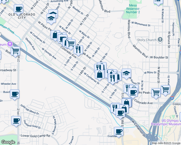 map of restaurants, bars, coffee shops, grocery stores, and more near 1307 West Cucharras Street in Colorado Springs