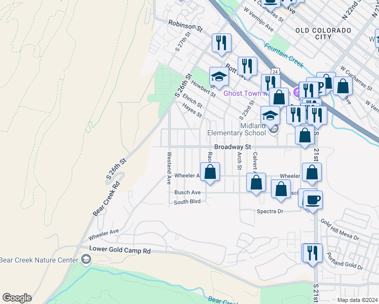 map of restaurants, bars, coffee shops, grocery stores, and more near 1318 South 25th Street in Colorado Springs