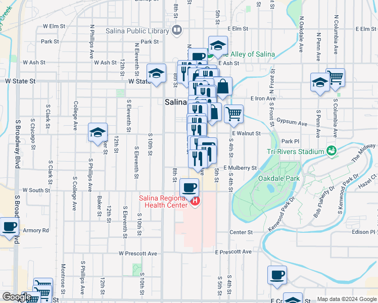 map of restaurants, bars, coffee shops, grocery stores, and more near 245 South 7th Street in Salina