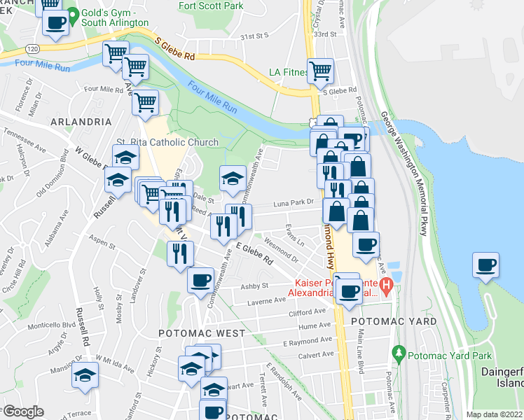 map of restaurants, bars, coffee shops, grocery stores, and more near 26 East Reed Avenue in Alexandria