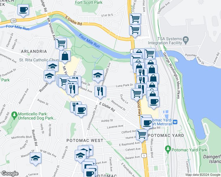map of restaurants, bars, coffee shops, grocery stores, and more near 28 East Reed Avenue in Alexandria