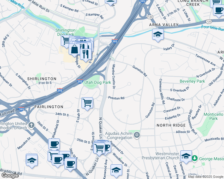 map of restaurants, bars, coffee shops, grocery stores, and more near 3438 Martha Custis Drive in Alexandria