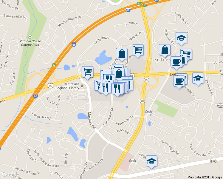 map of restaurants, bars, coffee shops, grocery stores, and more near 14101 St Germain Dr in Centreville