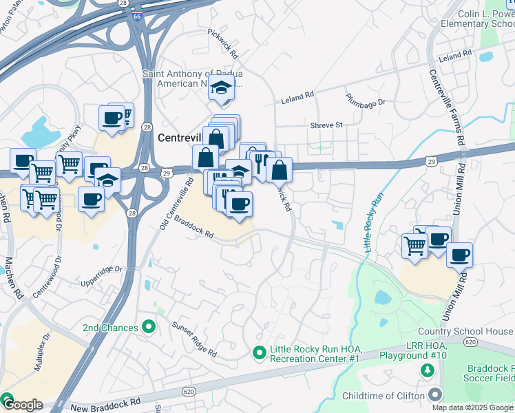 map of restaurants, bars, coffee shops, grocery stores, and more near 5775 Spindle Court in Centreville