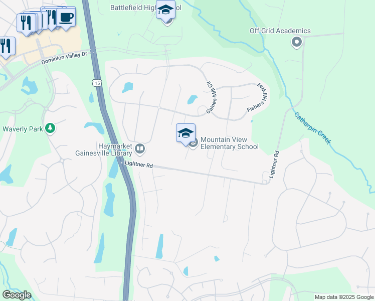 map of restaurants, bars, coffee shops, grocery stores, and more near 5600 McLeod Way in Haymarket