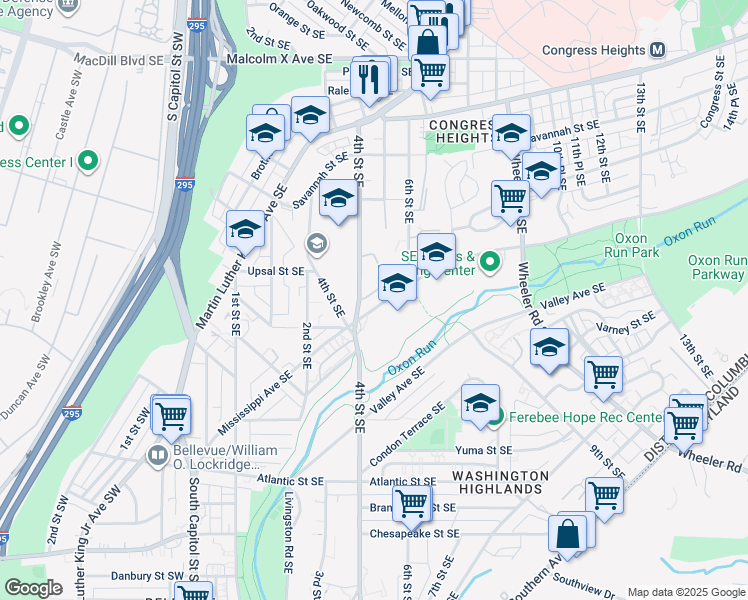 map of restaurants, bars, coffee shops, grocery stores, and more near 462 Woodcrest Drive Southeast in Washington