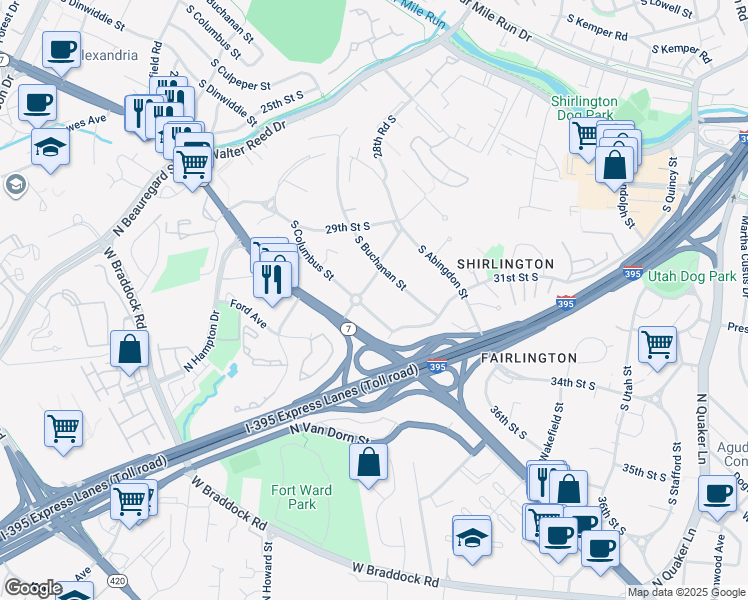 map of restaurants, bars, coffee shops, grocery stores, and more near 3017 South Columbus Street in Arlington