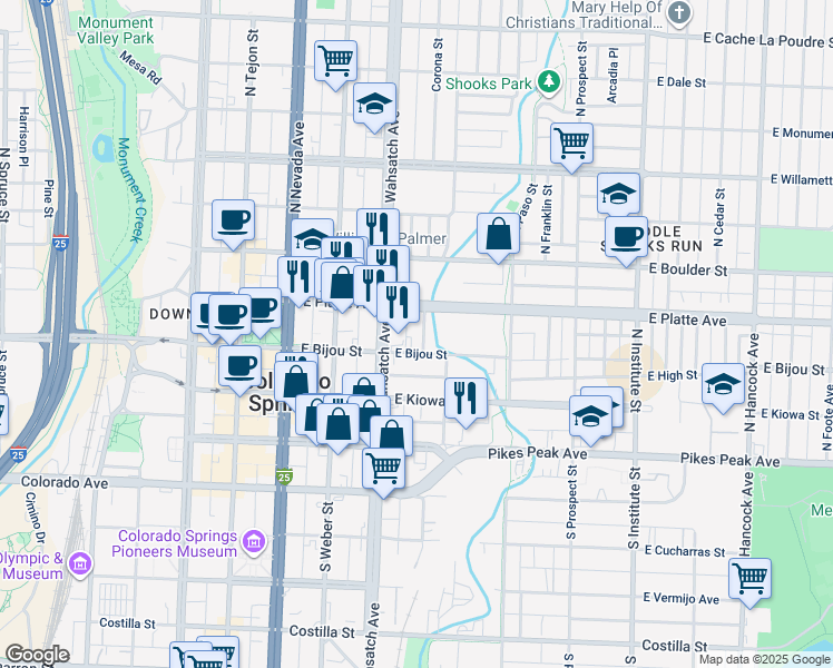 map of restaurants, bars, coffee shops, grocery stores, and more near 417 1/2 East Bijou Street in Colorado Springs