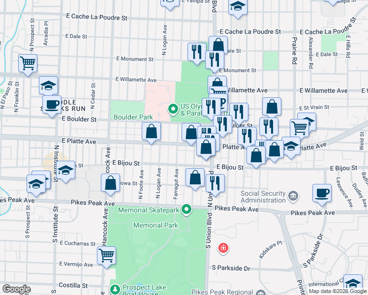 map of restaurants, bars, coffee shops, grocery stores, and more near 1611 East Platte Avenue in Colorado Springs