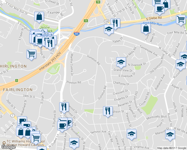 map of restaurants, bars, coffee shops, grocery stores, and more near 1633 Preston Road in Alexandria