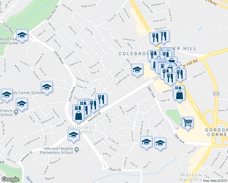 map of restaurants, bars, coffee shops, grocery stores, and more near 2523 Colebrooke Drive in Hillcrest Heights