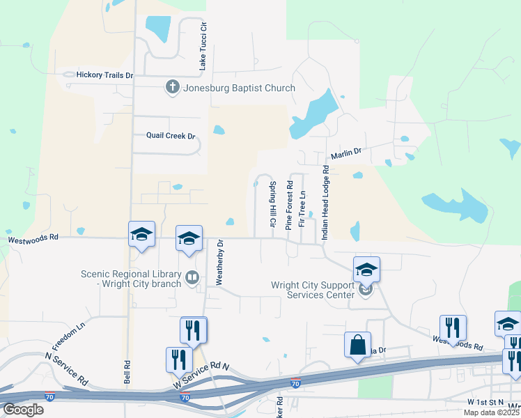 map of restaurants, bars, coffee shops, grocery stores, and more near 7 Spring Hill Circle in Wright City