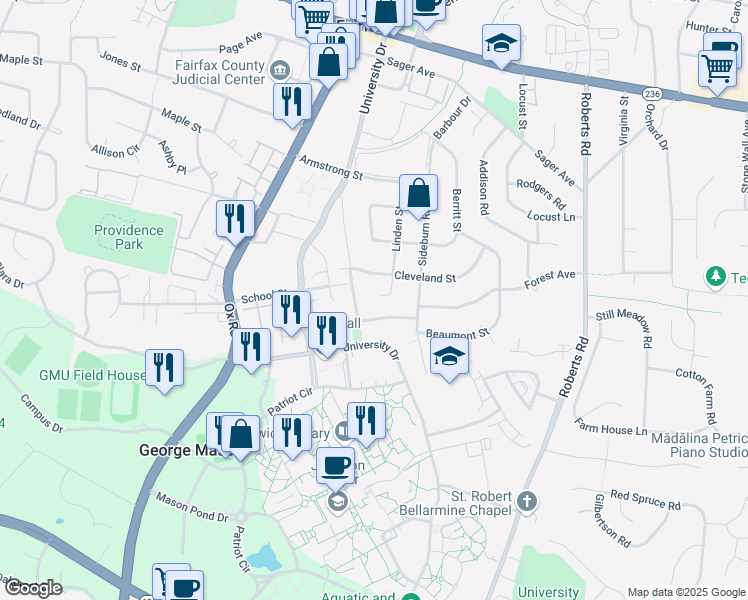 map of restaurants, bars, coffee shops, grocery stores, and more near 4232 Linden Street in Fairfax
