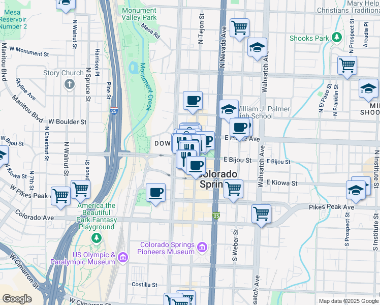 map of restaurants, bars, coffee shops, grocery stores, and more near 7 East Bijou Street in Colorado Springs
