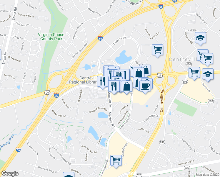 map of restaurants, bars, coffee shops, grocery stores, and more near 14115 Saint Germain Drive in Centreville