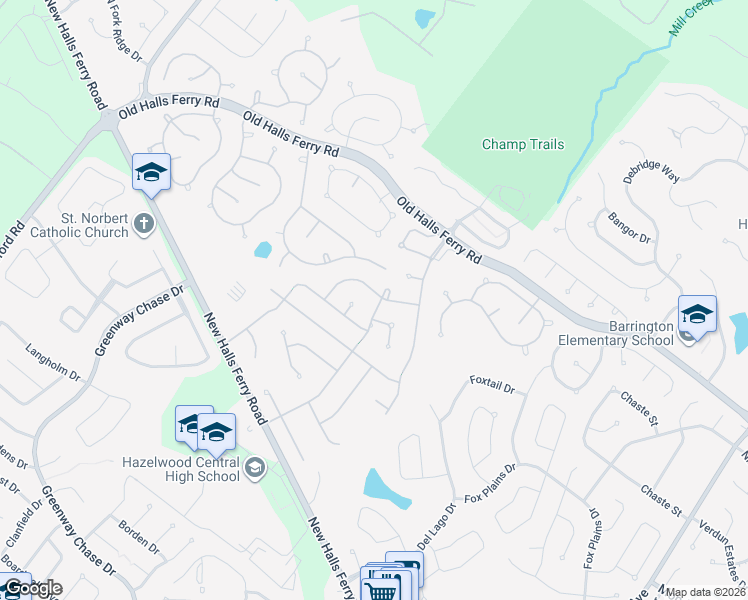 map of restaurants, bars, coffee shops, grocery stores, and more near 1049 Exacta Court in Florissant