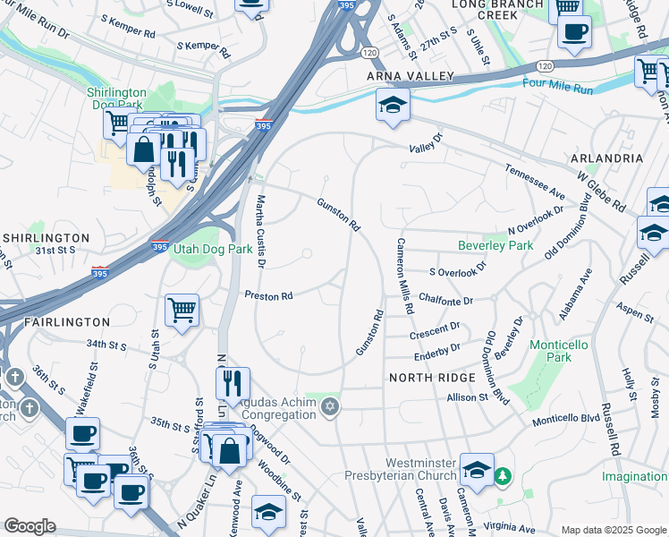 map of restaurants, bars, coffee shops, grocery stores, and more near 1621 Preston Road in Alexandria