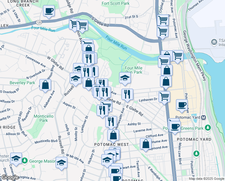 map of restaurants, bars, coffee shops, grocery stores, and more near 101 West Reed Avenue in Alexandria