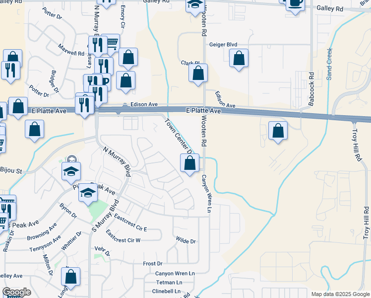 map of restaurants, bars, coffee shops, grocery stores, and more near 4725 Town Center Drive in Colorado Springs