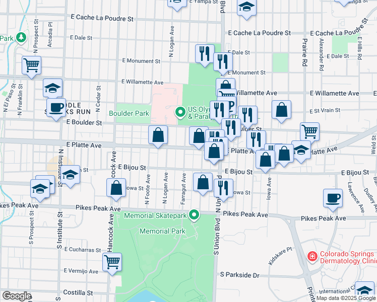 map of restaurants, bars, coffee shops, grocery stores, and more near 215 Farragut Avenue in Colorado Springs