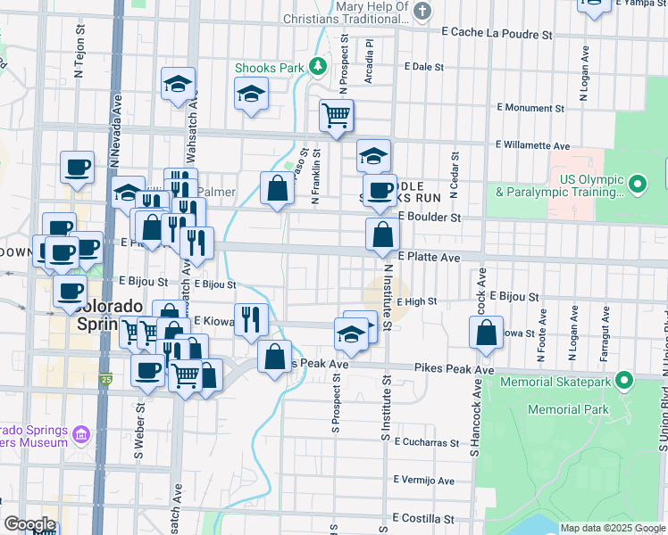 map of restaurants, bars, coffee shops, grocery stores, and more near 219 North Franklin Street in Colorado Springs