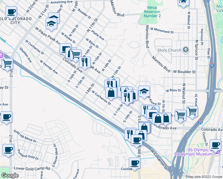map of restaurants, bars, coffee shops, grocery stores, and more near 1130 Colorado Avenue in Colorado Springs
