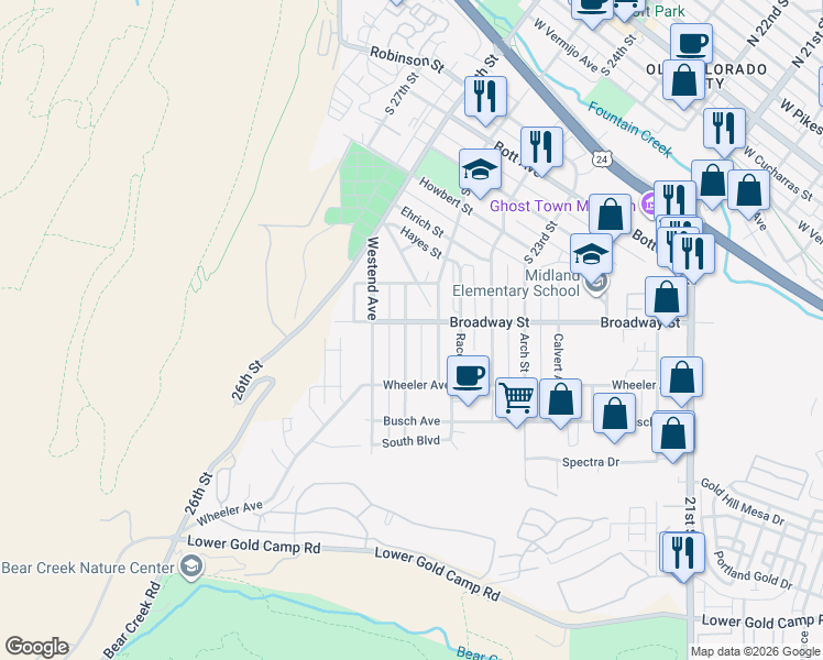 map of restaurants, bars, coffee shops, grocery stores, and more near 1318 South 25th Street in Colorado Springs
