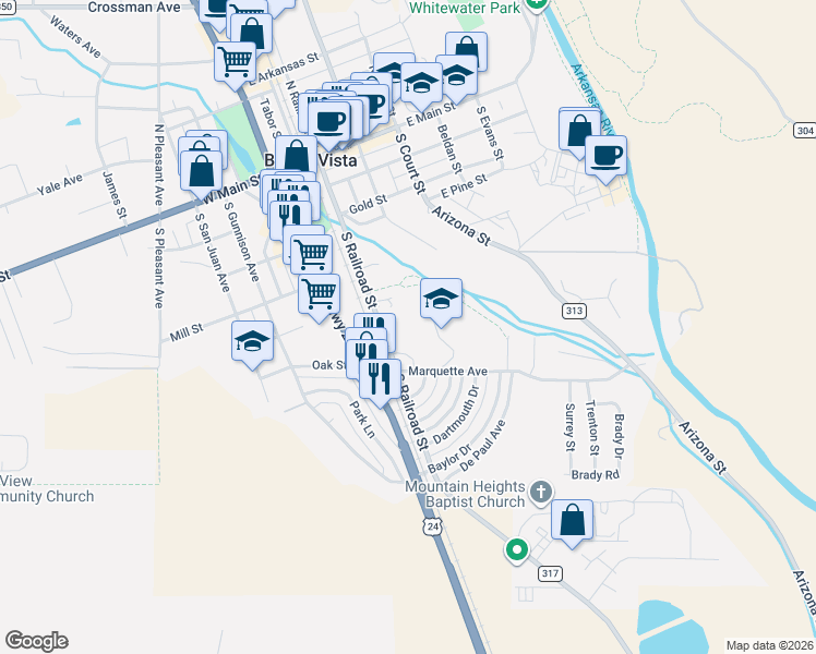 map of restaurants, bars, coffee shops, grocery stores, and more near 549 South Railroad Street in Buena Vista