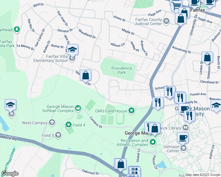map of restaurants, bars, coffee shops, grocery stores, and more near 10709 Simpson Mews Lane in Fairfax