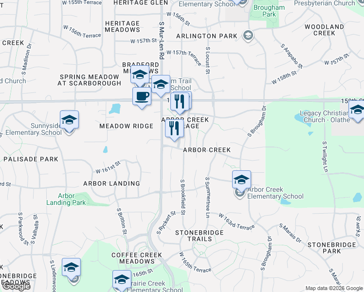 map of restaurants, bars, coffee shops, grocery stores, and more near 16105 South Brookfield Street in Olathe