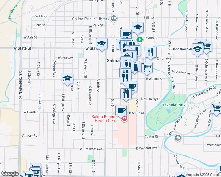 map of restaurants, bars, coffee shops, grocery stores, and more near 242 9th Street in Salina