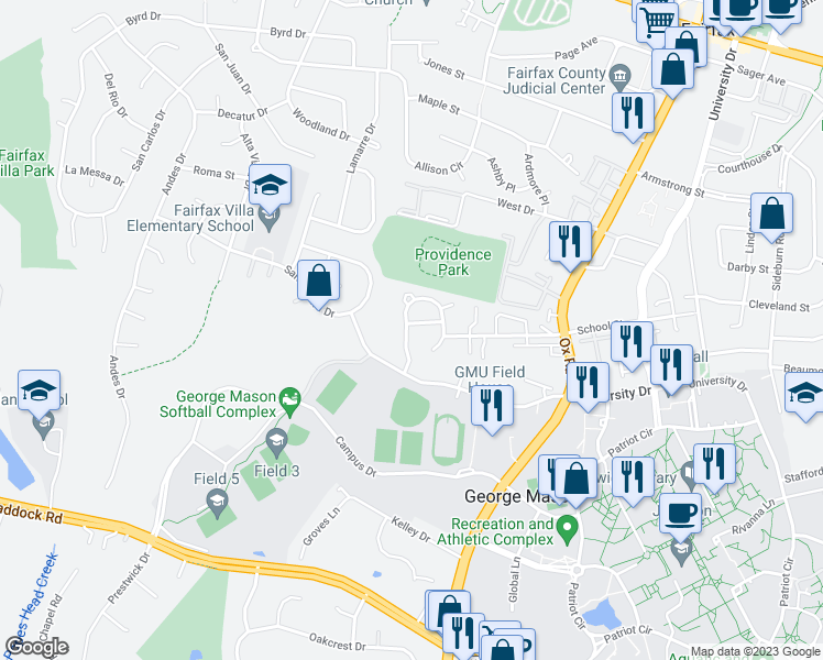 map of restaurants, bars, coffee shops, grocery stores, and more near 10709 Simpson Mews Lane in Fairfax
