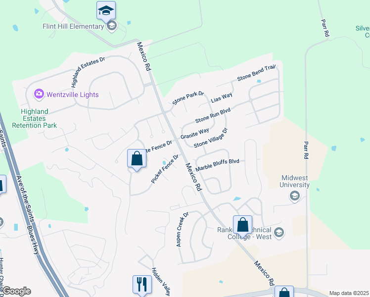 map of restaurants, bars, coffee shops, grocery stores, and more near 312 Stone Village Drive in Wentzville