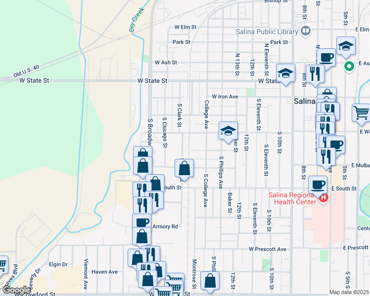 map of restaurants, bars, coffee shops, grocery stores, and more near 925 Cedar Street in Salina