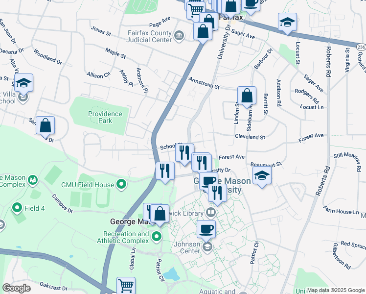 map of restaurants, bars, coffee shops, grocery stores, and more near 10523 School Street in Fairfax