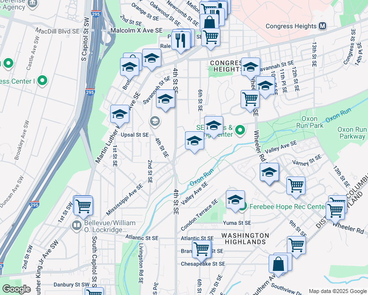 map of restaurants, bars, coffee shops, grocery stores, and more near 462 Woodcrest Drive Southeast in Washington